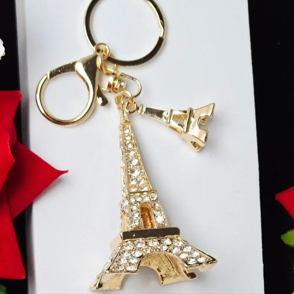 Gold Rhinestone Eiffel Tower Keychain Paris Charm Statement Bag Clip Accessory